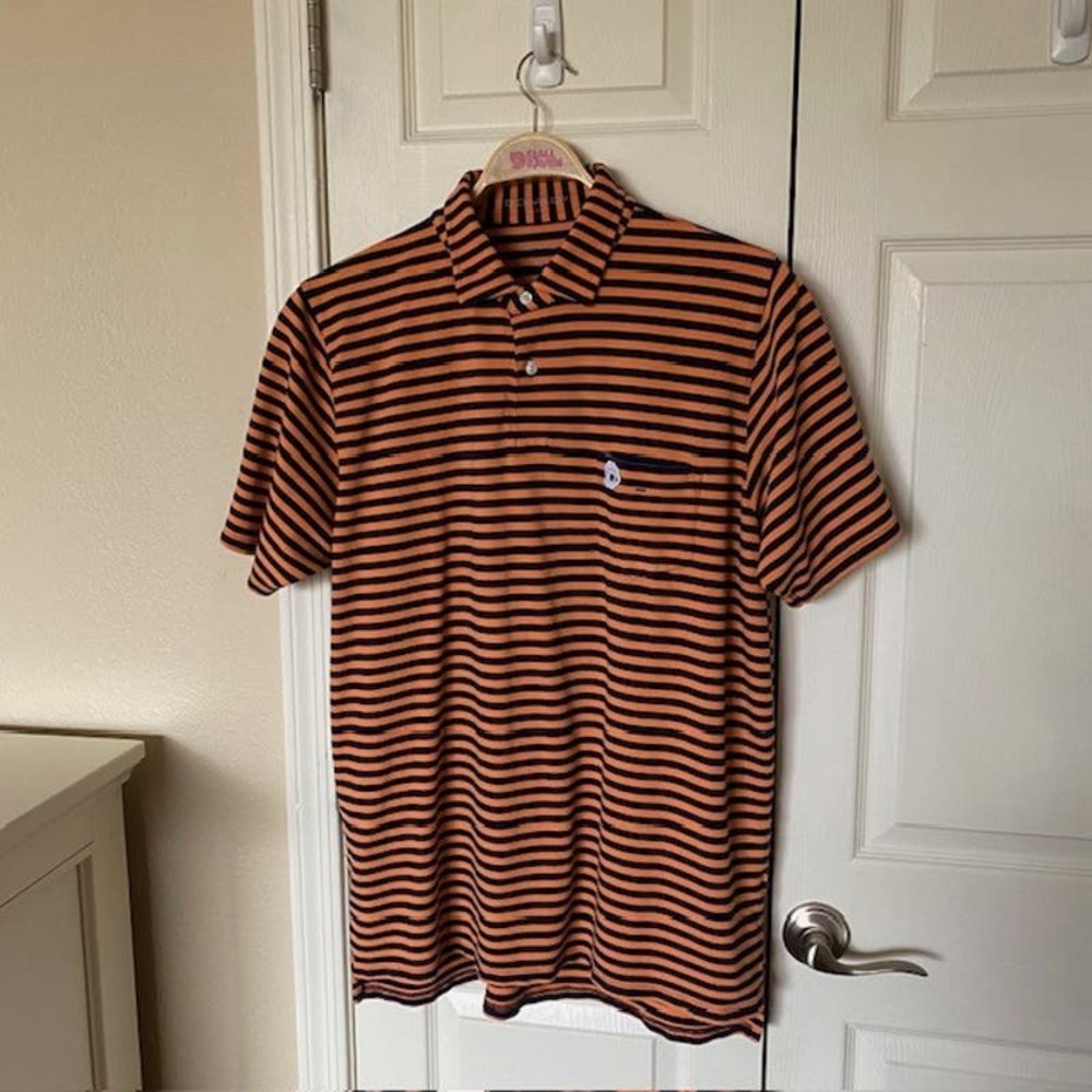 B.‎ Draddy Polo Shirt Men's XL Striped Orange/Navy 98% Pima Cotton